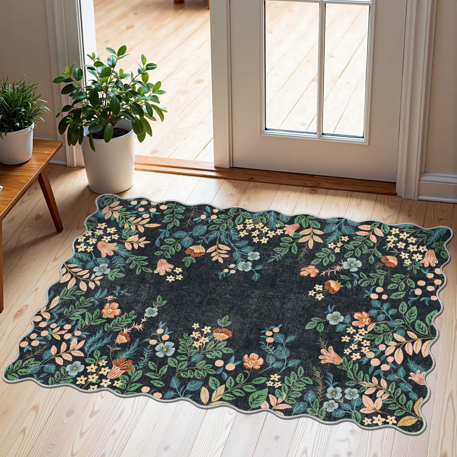 Othilic Front Door Mat Outside Entrance - 2x3 Black Floral Non-Slip Washable Doormat Indoor Outdoor Mat Boho Vintage Entry Rug S