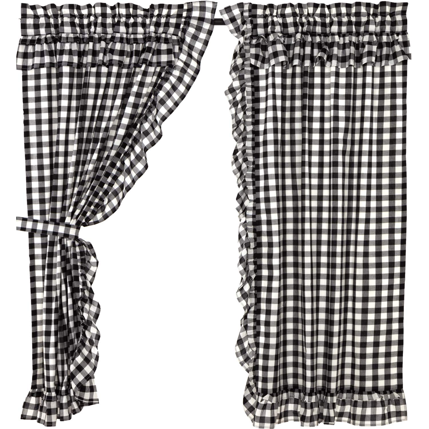 Vhc Brands Annie Buffalo Check Cotton Farmhouse Curtains Rod Pocket Tie Back(S) Ruffling Panel Pair, 63X36, Black