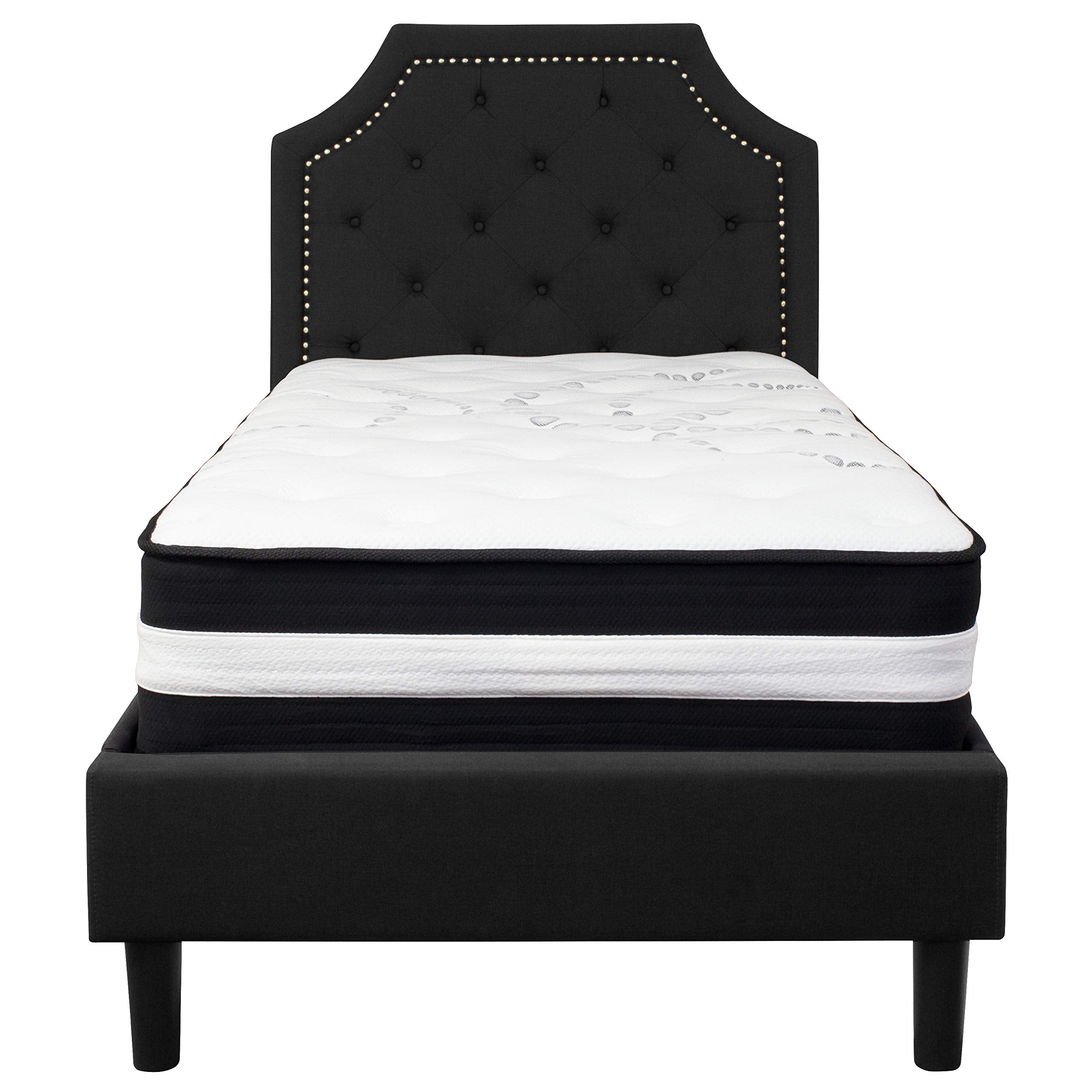 Flash Furniture Brighton Twin Size Tufted Upholstered Platform Bed In Black Fabric With Pocket Spring Mattress