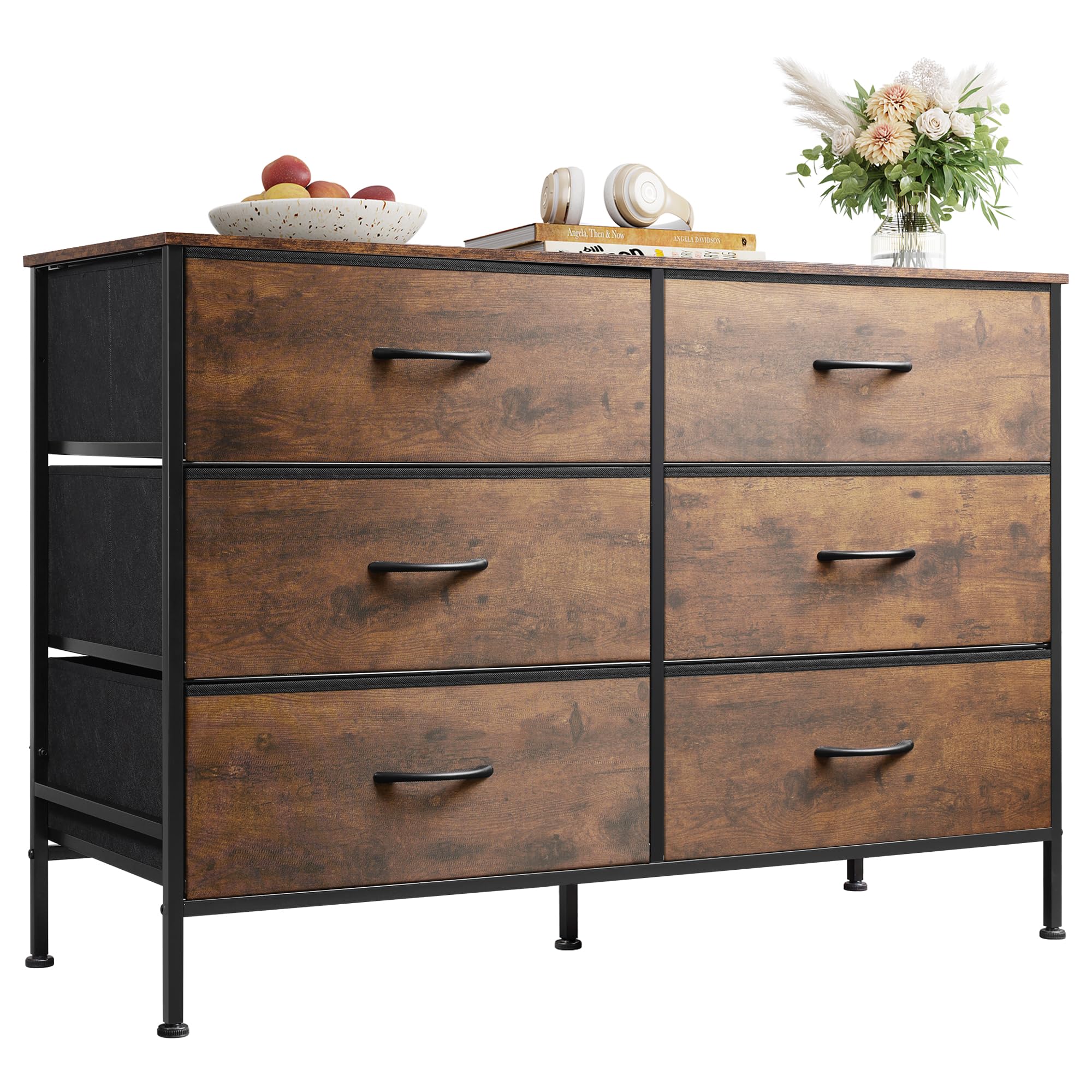 Wlive Dresser For Bedroom With 6 Drawers, Wide Fabric Dresser Tv Stand For 50 Inches Tv, With Metal Frame, Wooden Top, Fabric Storage Dresser For Bedroom, Hallway, Entryway, Rustic Brown