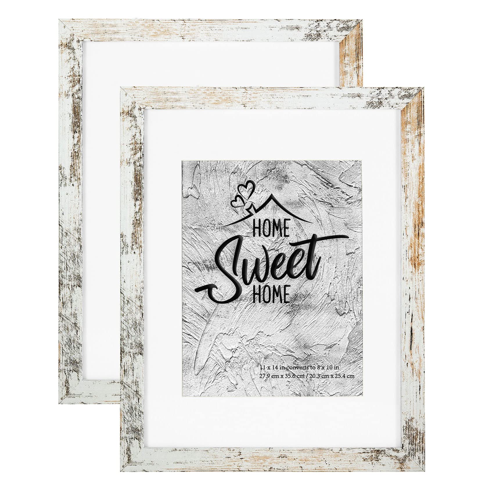 Califortree Rustic White 11x14 Picture Frame - Display Photos 8x10 with Mat or 11x14 Without Mat - HD Glass Inside, Set of 2