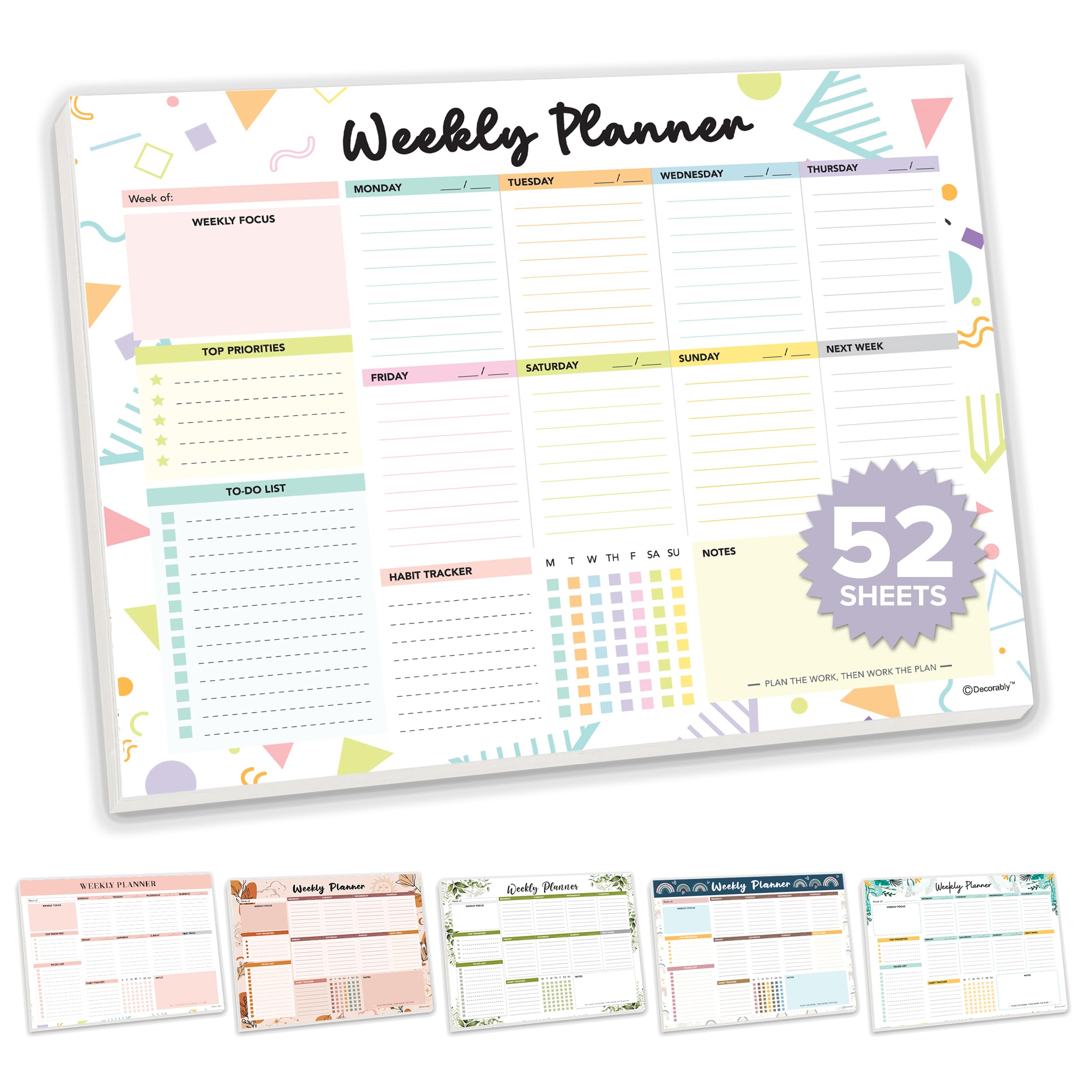 Decorably Weekly Planner Pad Landscape - Weekly To Do List Notepad Weekly, 52 Easy Tear-Off Sheets Weekly Notepad Planner, 11X8.