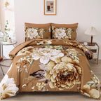 Dintszyayue Floral Comforter Set Queen Size,7 Pieces Brown Flower Pattern Bed in a Bad,Lightweight Bedding Set Microfiber Comfor