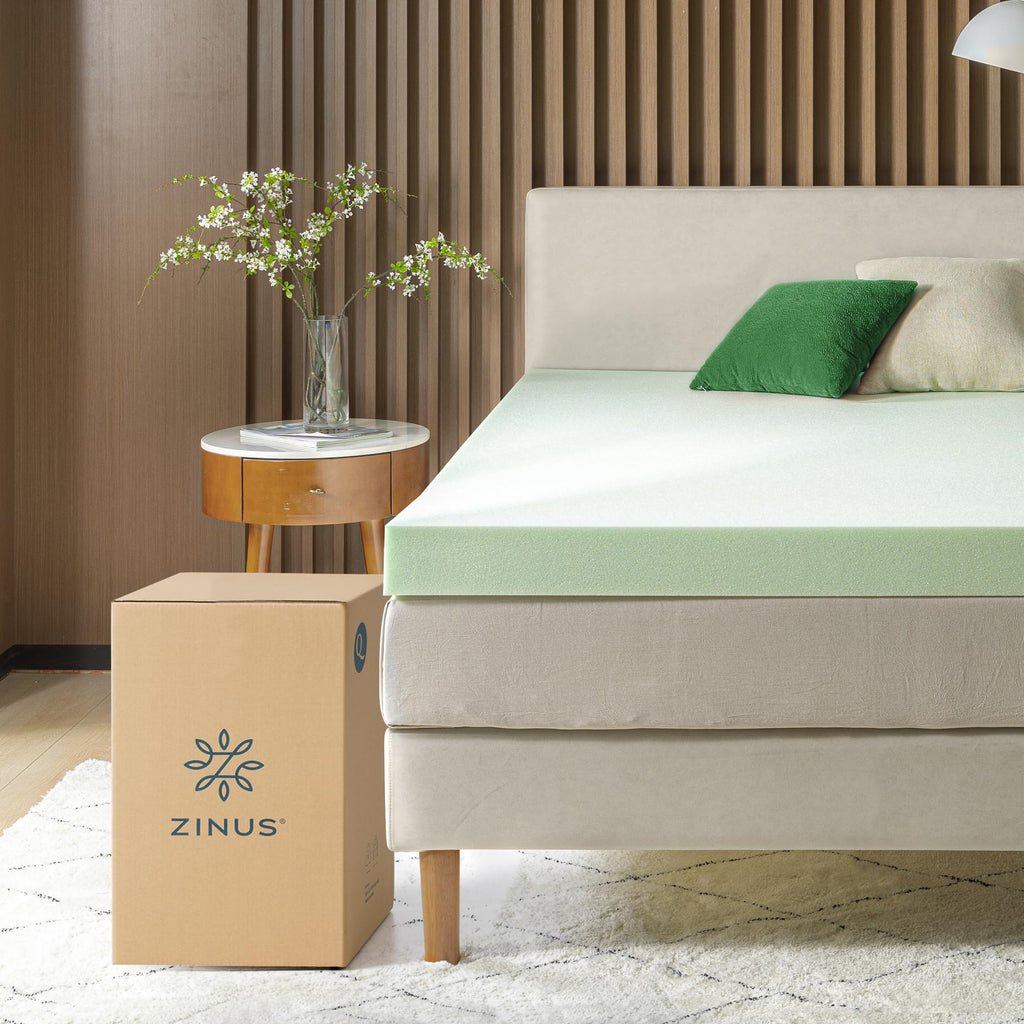 Zinus 4 Inch Green Tea Memory Foam Mattress Topper, Smaller, More Convenient Wonderbox Packaging, Pressure-Relieving Layers, Certipur-Us Certified, Queen
