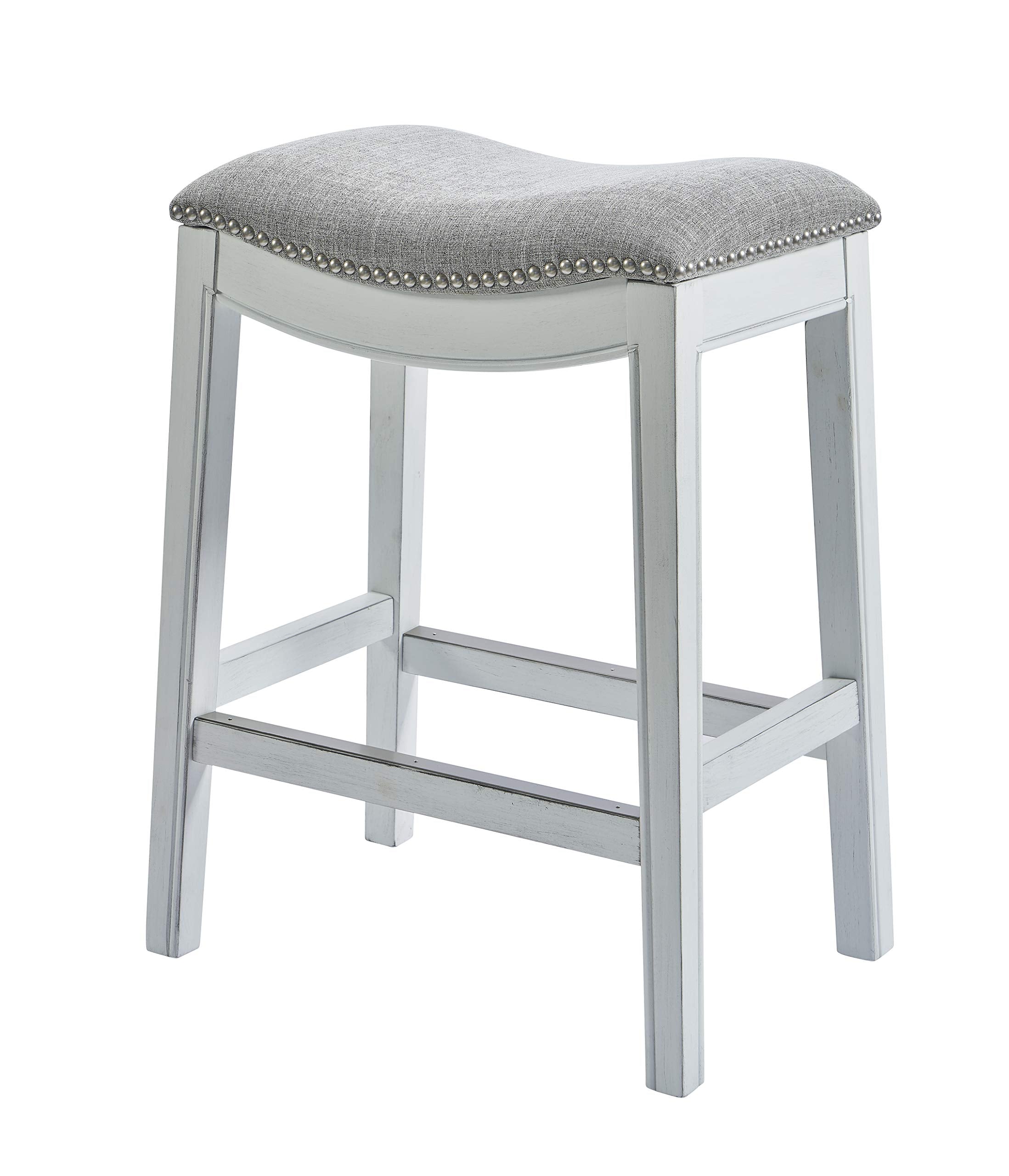 New Ridge Home Goods Zoey 31in. Bar-Height Backless Wood Narrow Saddle-Seat Barstool with Nailhead Trim, Alabaster White