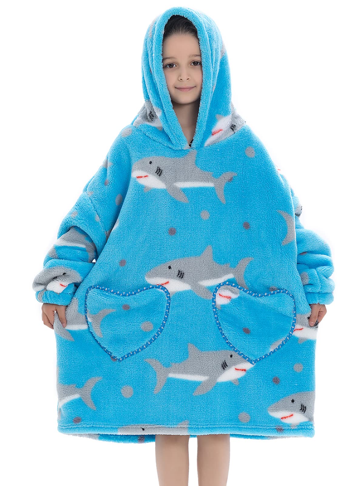 Wearable Blanket Hoodie For Kids Toddler Oversized Sweatshirt Cute Fleece Sherpa Blanket Girls Boys Blue Shark 6-10 Year
