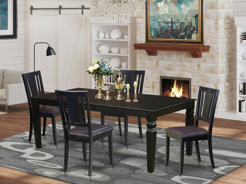 East West Furniture LGDU5-BLK-LC 5 Piece Kitchen Table & Chairs Set Includes a Rectangle Dining Table with Butterfly Leaf and 4 Faux Leather Dining Room Chairs, 42x84 Inch, Black