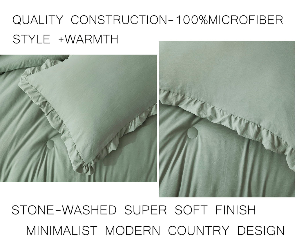 Chezmoi Collection Nora 3-Piece Ruffled Edge Trim Soft Washed Microfiber Comforter Set (King, Sage Green)