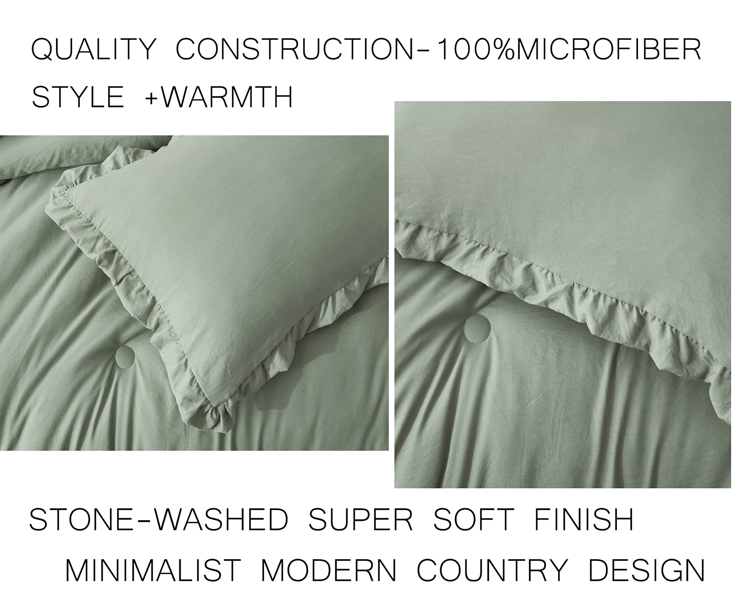 Chezmoi Collection Nora 3-Piece Ruffled Edge Trim Soft Washed Microfiber Comforter Set (King, Sage Green)