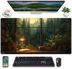 Anime Dark Green Plants Desk Mat Cute Xxl Large Extended Mouse Pad Gaming, Lofi Aesthetic Computer Laptop Keyboard And Mouse Mat