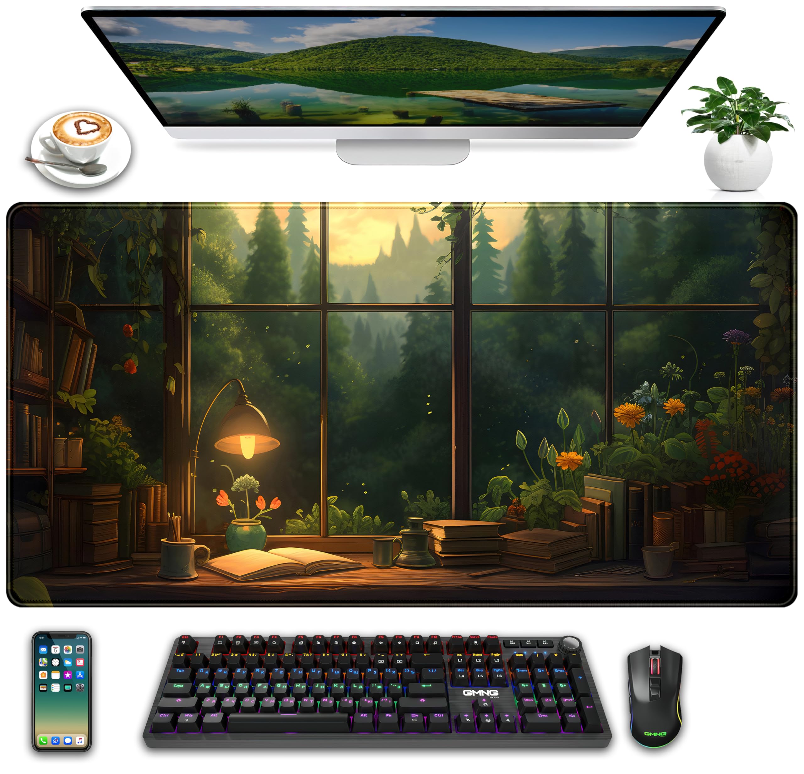 Anime Dark Green Plants Desk Mat Cute Xxl Large Extended Mouse Pad Gaming, Lofi Aesthetic Computer Laptop Keyboard And Mouse Mat