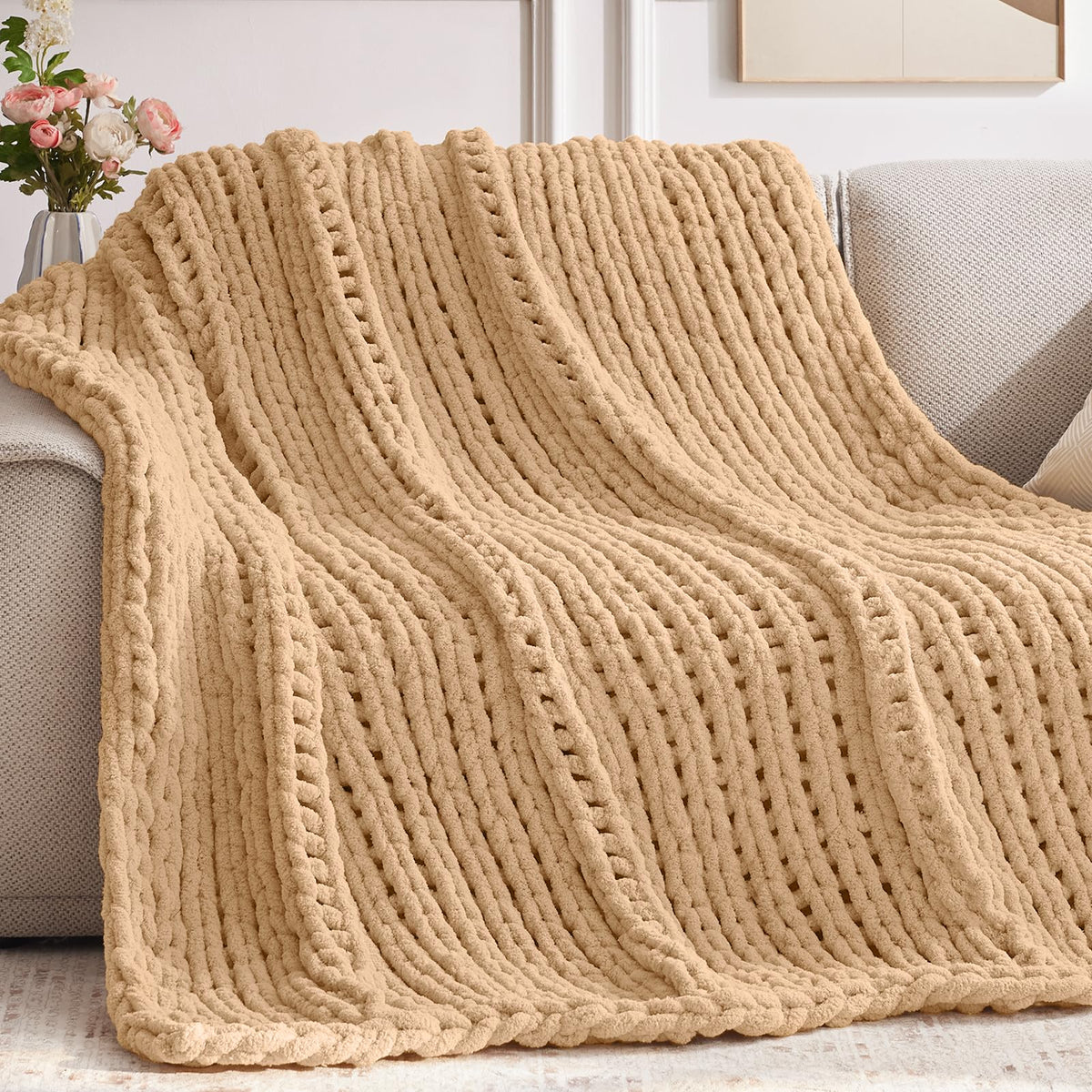 Negwoo Chunky Knit Throw Blanket, 30'*40' Knitted Throw Blankets For Bed Couch, Handmade Thick Beige Crochet Blanket Thich Bla