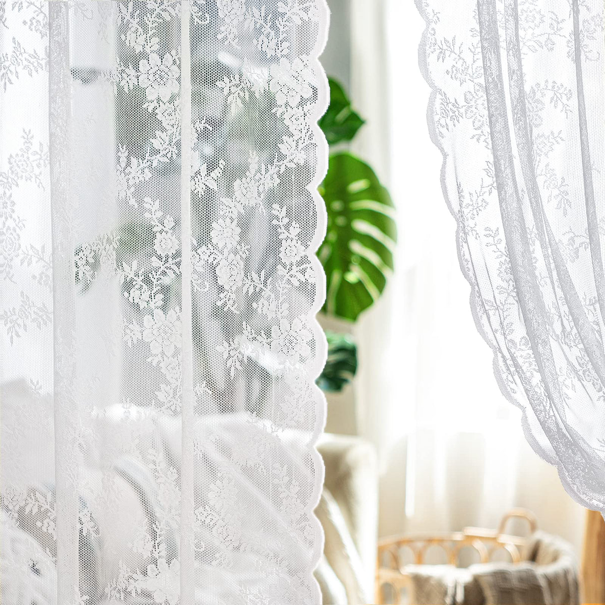 Miulee White Lace Curtains 63 Inch Length For Living Room Bedroom, Scalloped Sheer Curtains Rose Floral Embroidered Farmhouse Wi
