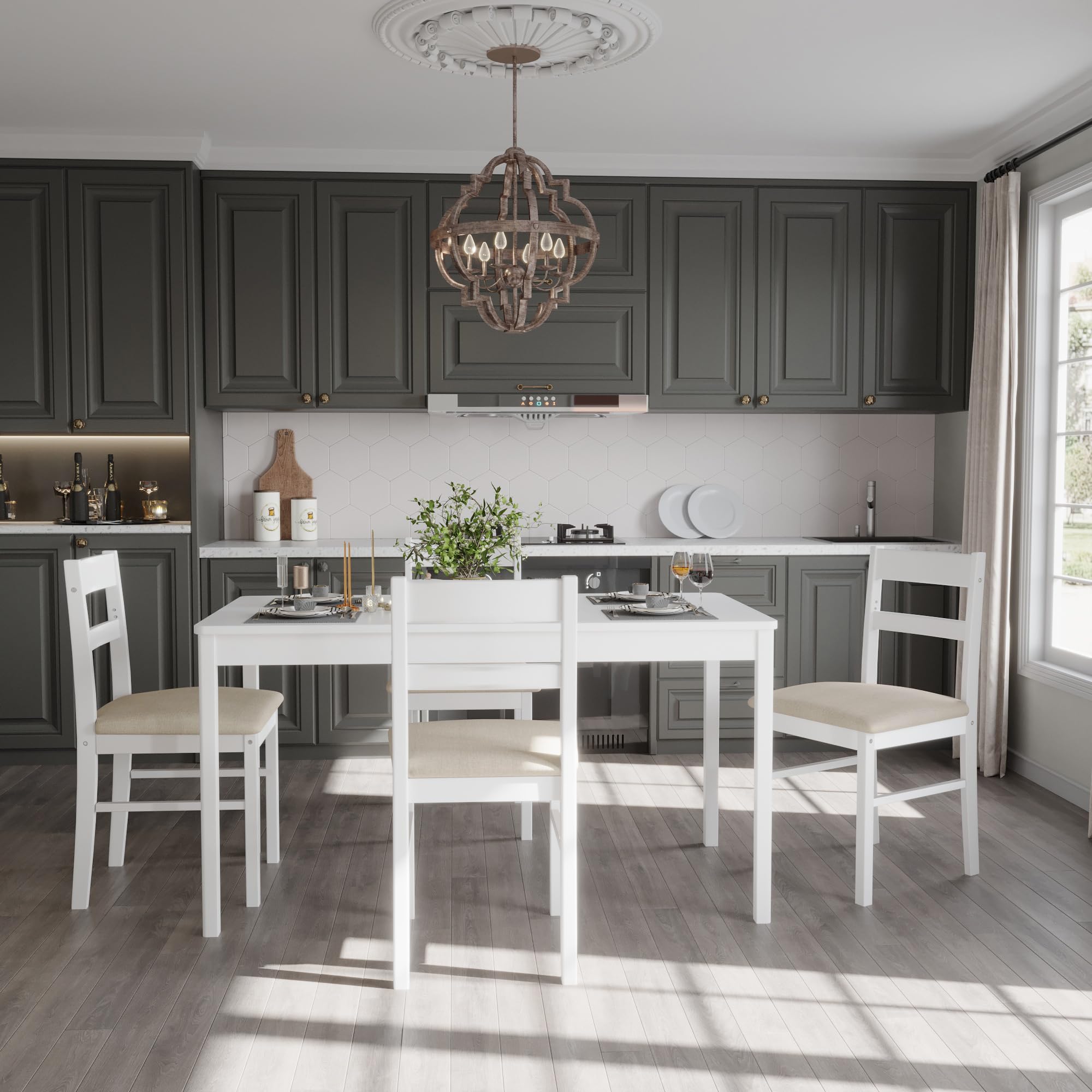 Orweiin 5-Piece Solid Wood Indoor Modern Rectangular Dining Table Set For 4,Table And Chairs 4 Set With Soft Cushions For Kitche