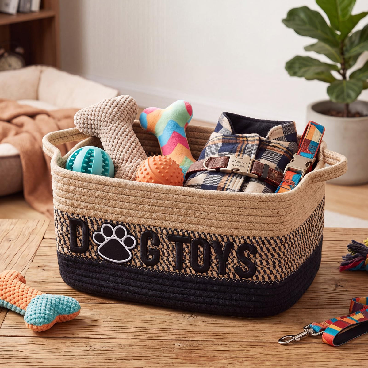 Mifoci Medium Dog Toy Basket with Handle, Quality Cotton Rope Dog Toy Bin