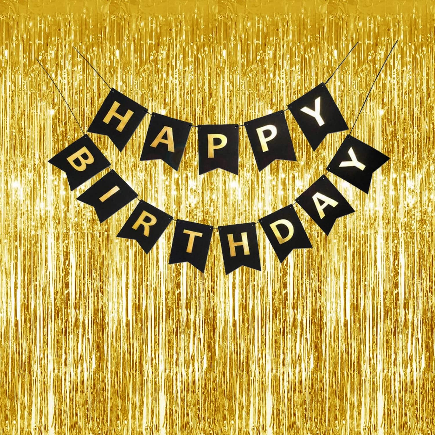 Propsicle Golden Foil Curtains With Black Happy Birthday Banner, Pack Of 3