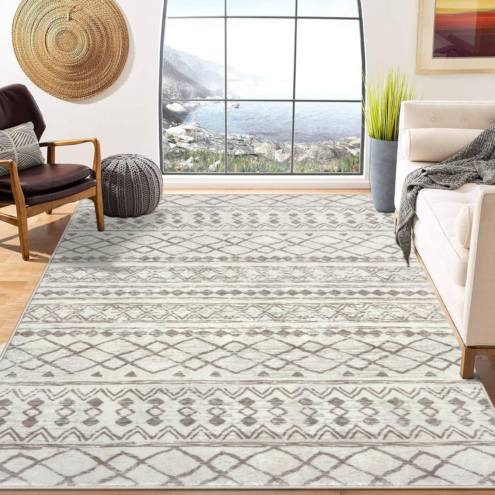 KUTA 6x9 Beige Boho Living Room Rugs, Moroccan Washable Kitchen Rugs Non Slip, Ultra Soft Print Distressed Geometric Entry Rug L