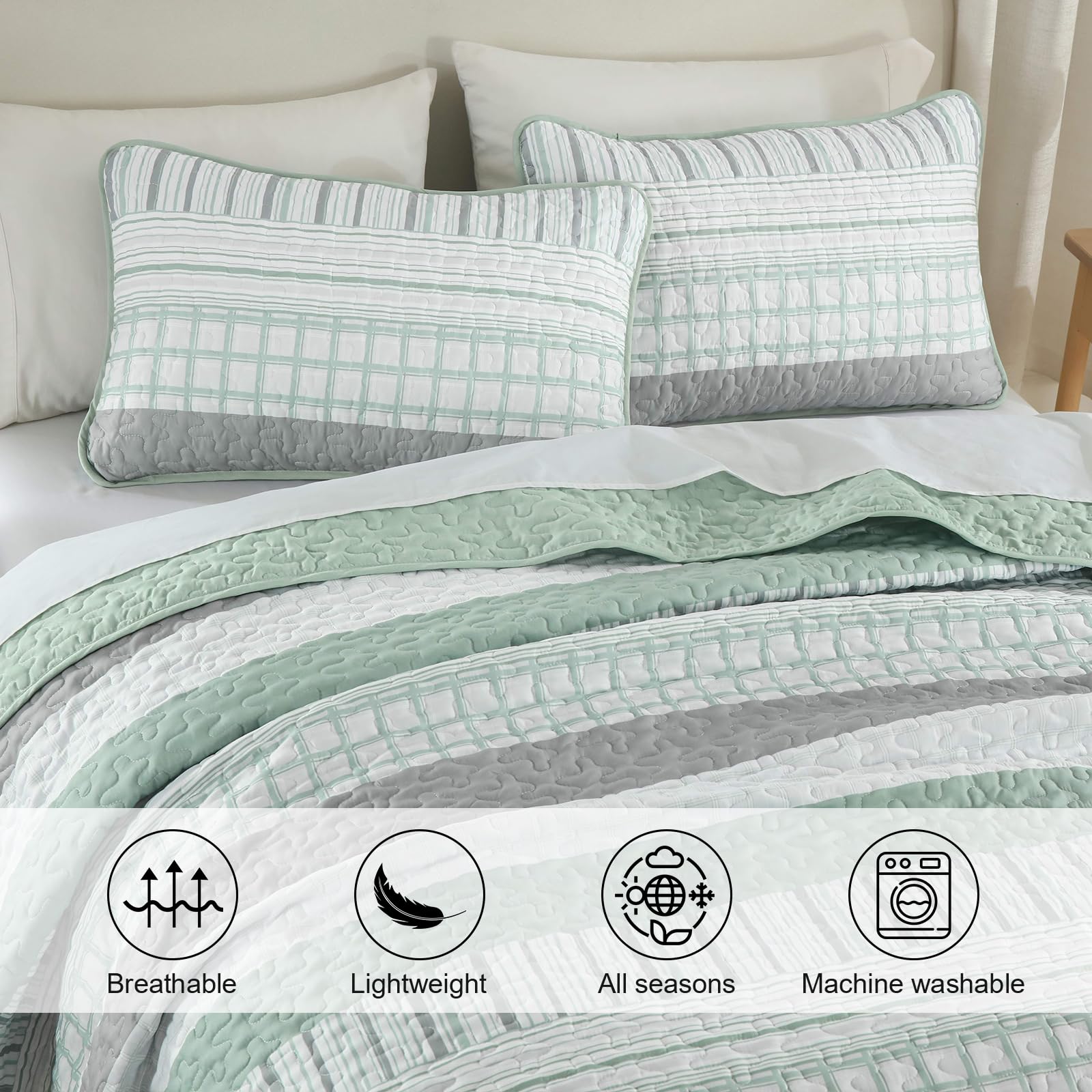 Djy Striped Quilt Set King Size, Sage Green Boho Bedspread Set 3 Pieces Patchwork Coverlet Bedding Set Lightweight Soft Microfib