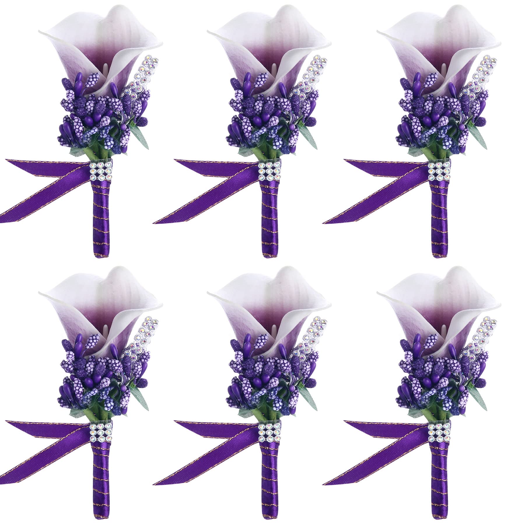Febou Calla Lily Boutonniere Men Wedding with Pins Set of 6, Handmade Picasso Calla Lily Groom Groomsman Boutonniere for Wedding