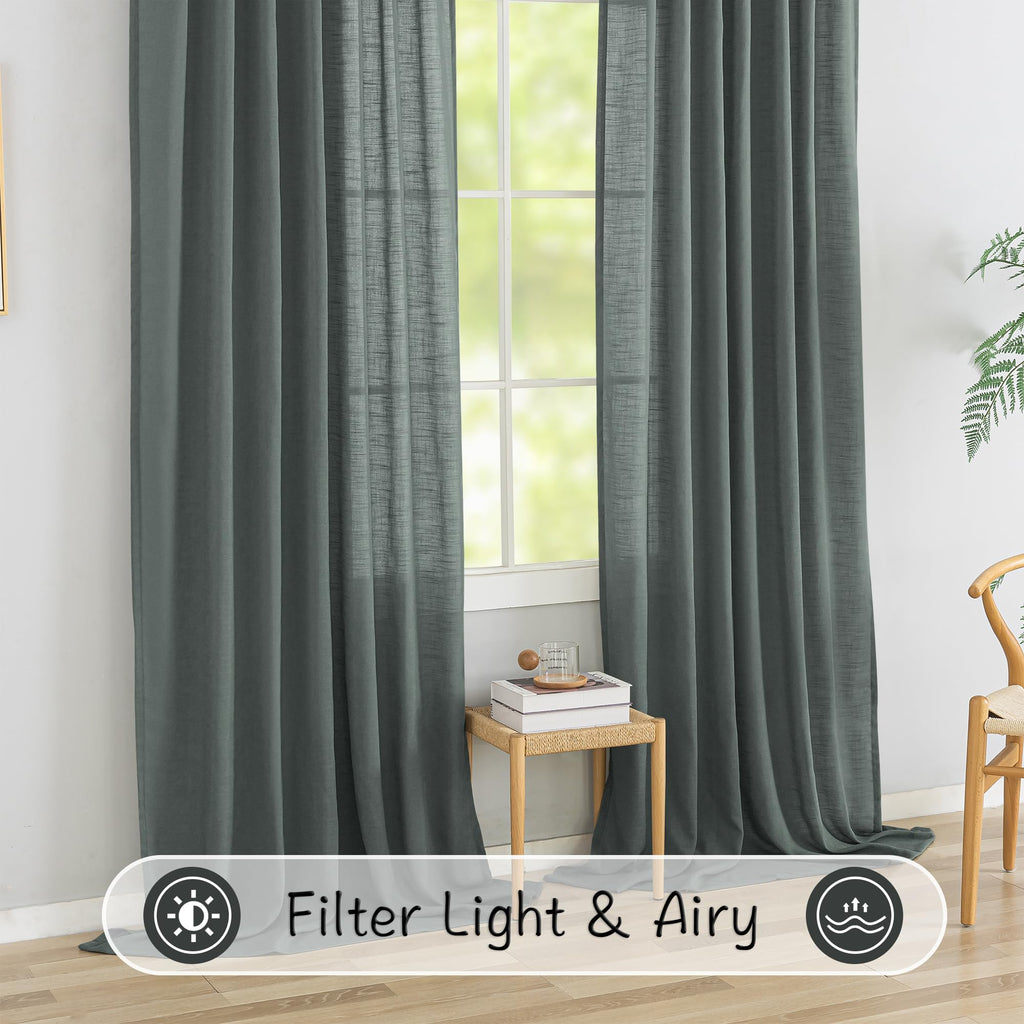 120 Inches Extra Long Linen Curtain Panels Pair Living Room Back Tab Farmhouse Light Filtering Semi Sheer Boho Linen Curtains 10 Ft Long Floor To Ceiling Large Window Patio Sliding Door,Charcoal Grey