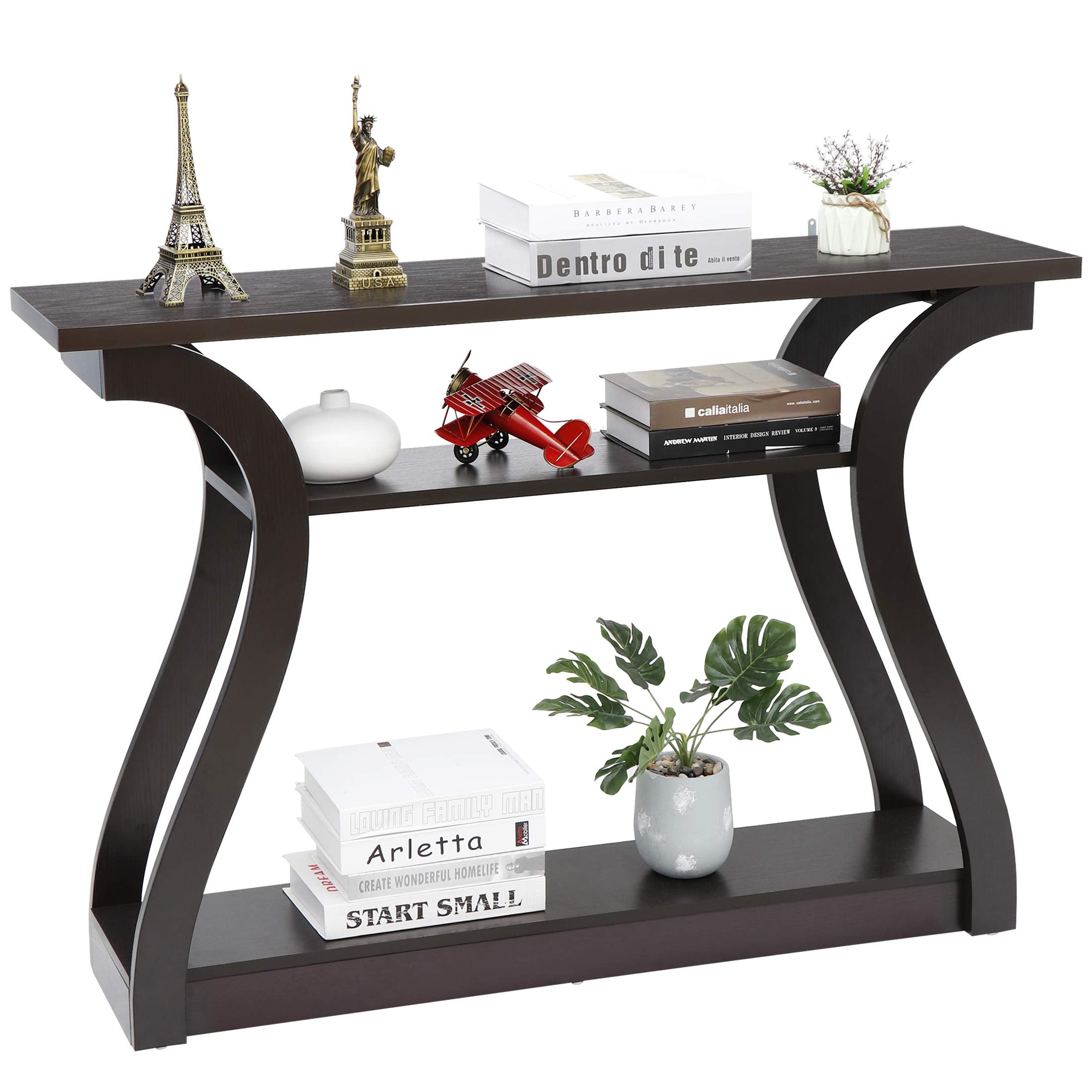 Super Deal 3 Tier Narrow Console Table Accent Sofa Table Wood Entryway Table Decorative Hallway Table With Shelves, Curved Frame For Living Room Front Door Entrance, 47 In Espresso