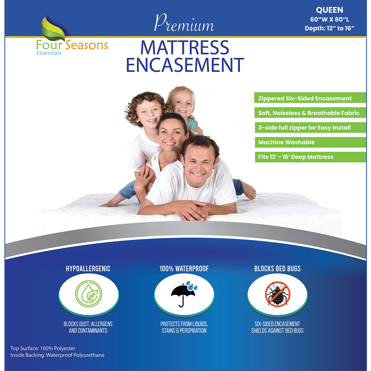 Four Seasons Essentials Queen Mattress Protector - Zippered Bedbug Waterproof Mattress Cover, Premium Quality Hypoallergenic Bed