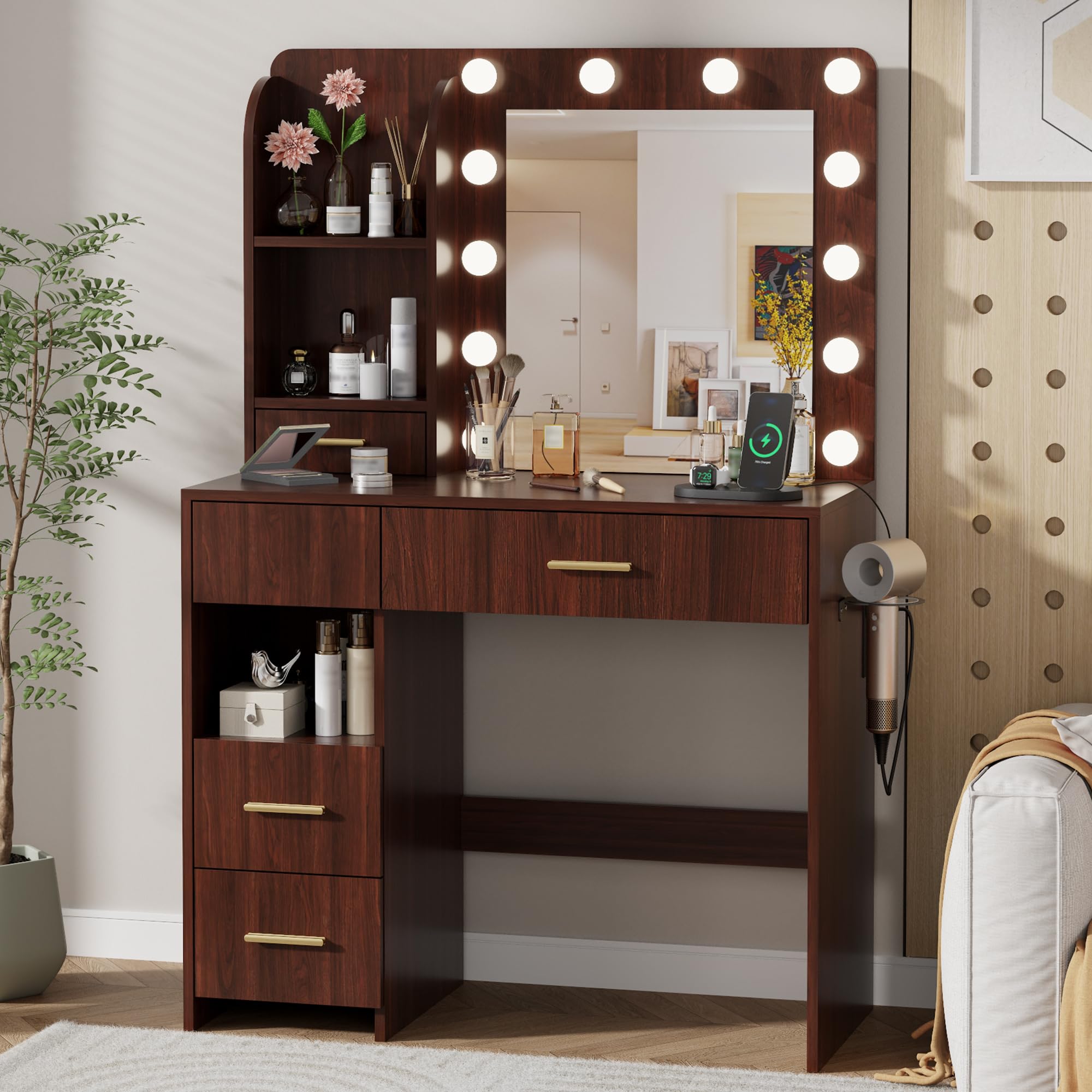 Otterease Vanity Desk with LED Lighted Mirror&Power Outlet, 3 Lighting Colors Makeup Vanity with 5 Large Drawers and 3 Storage S
