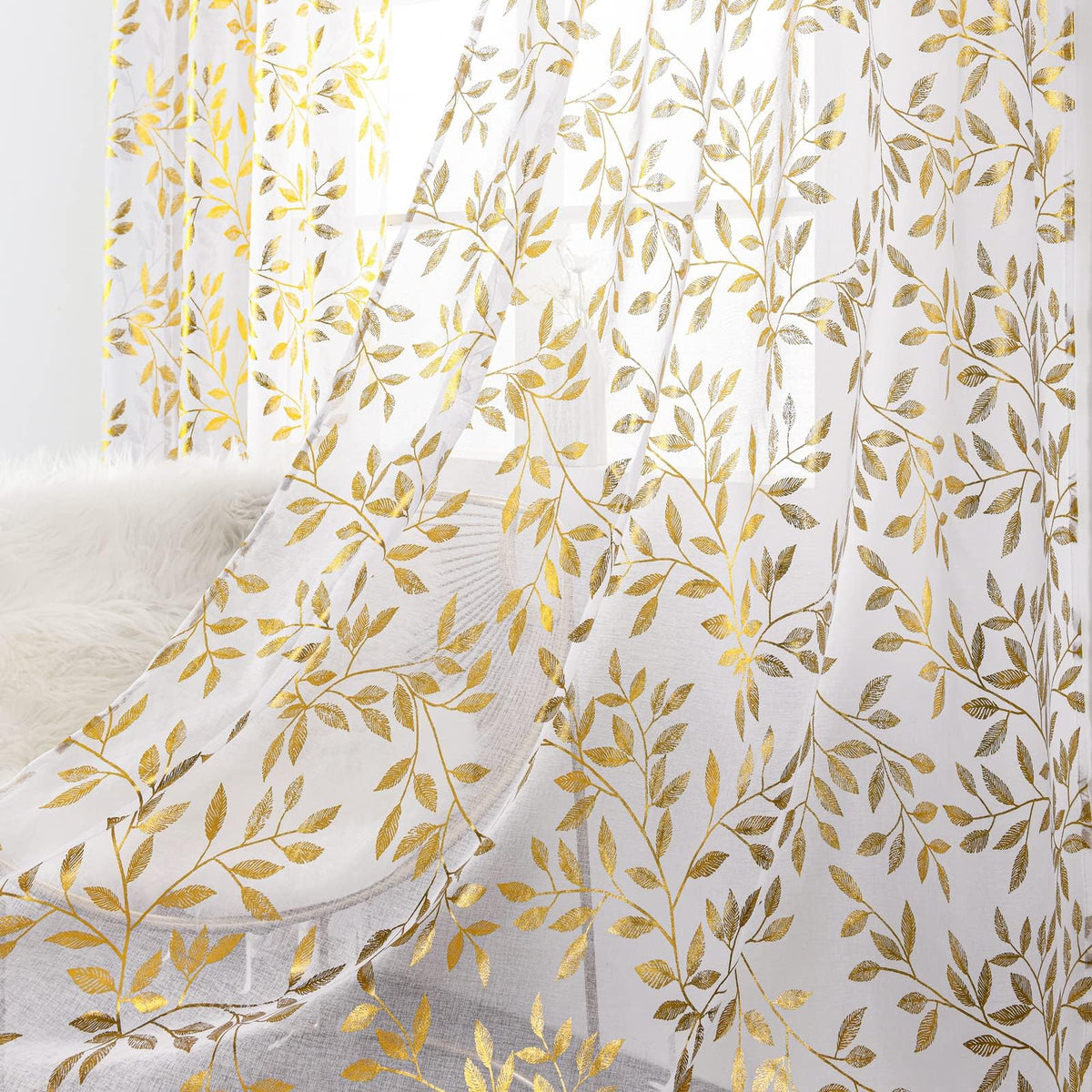 Deeprove White Sheer Curtains 90 Inches Long For Bedroom Living Room Dining Room Nursery, Abstract Metallic Gold Foil Vine Leave