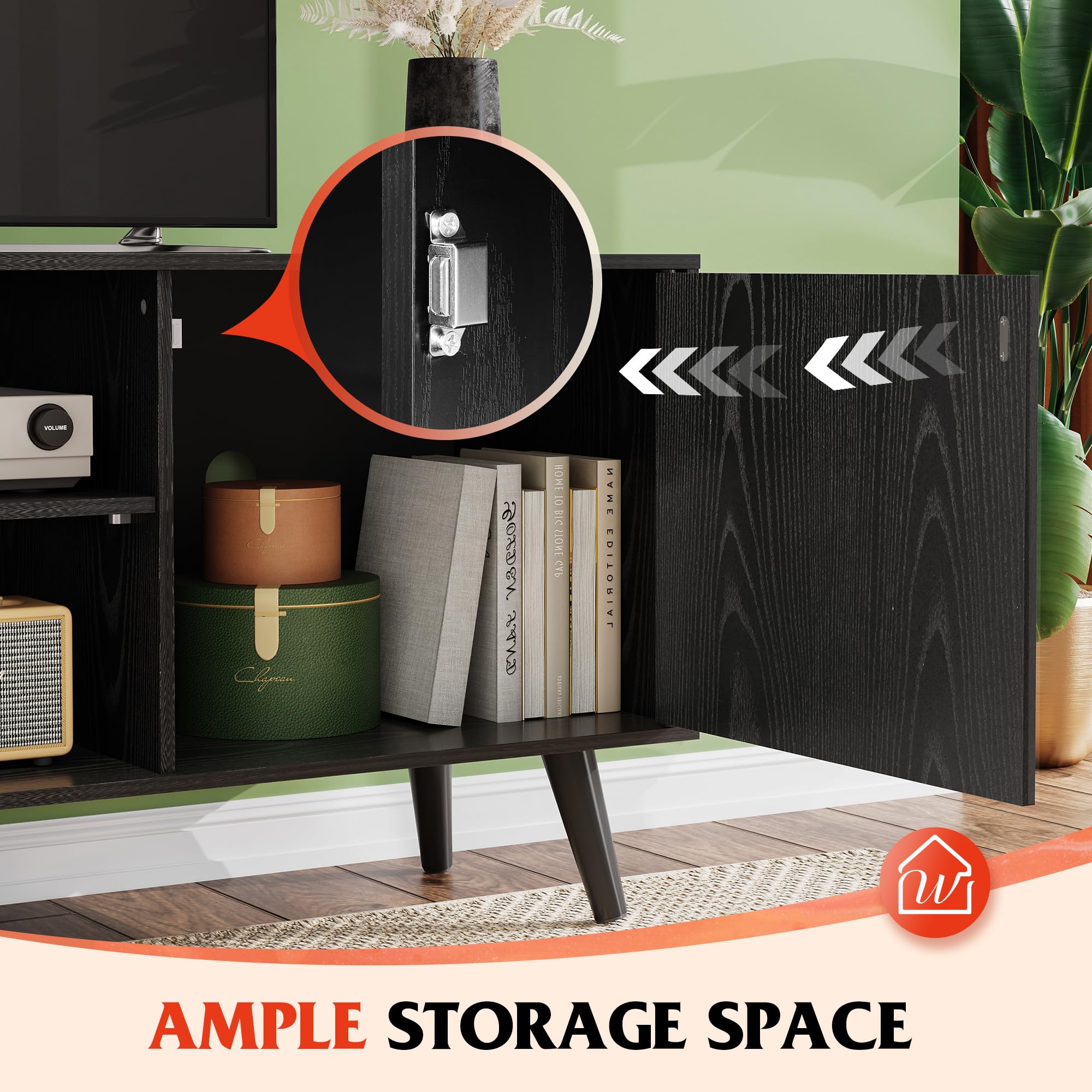 Wlive Tv Stand For 55 Inch Tvs, Entertainment Center With Storage Cabinet, Mid-Century Tv Stands For Living Room And Bedroom, 50' Tv Console, Black