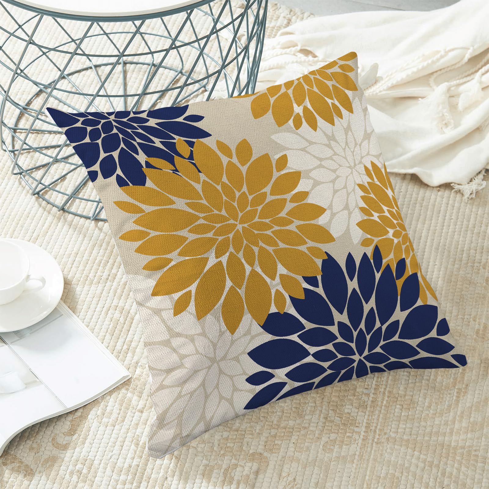 Mustard Yellow Navy Blue Pillow Covers 18X18 Inch Set Of 2 White Dahlia Floral Decor Throw Pillows Summer Modern Geometry Flower