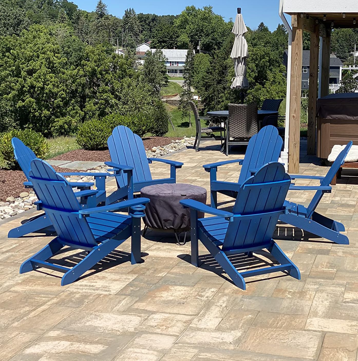 Lue Bona Hdps Adirondack Chairs Set Of 6, Fire Pit Outdoor Chair Weather Resistant With Cup Holder, Modern Plastic Chair Plastic For Patio, Deck, Proch, 350Lbs, Navy Blue