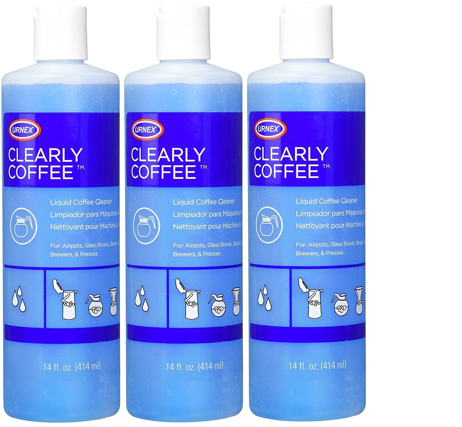 Urnex Clearly Coffee Pot Cleaner - 3 Pack - Made in the USA - French Press Liquid Cleaner for Glass Bowls Airpots Satellite Brew