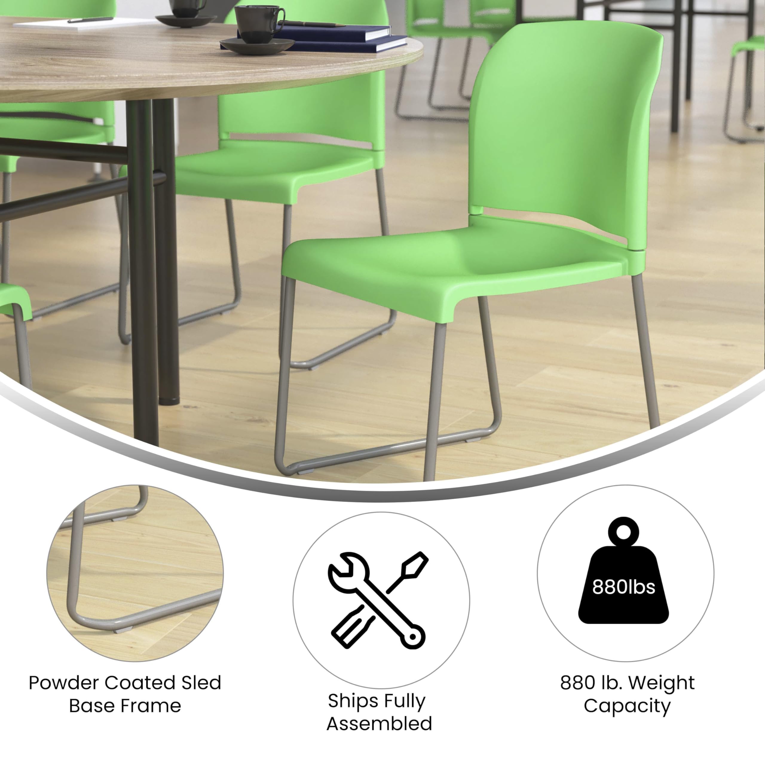 Flash Furniture Hercules Series 880 lb. Capacity Green Full Back Contoured Stack Chair with Gray Powder Coated Sled Base