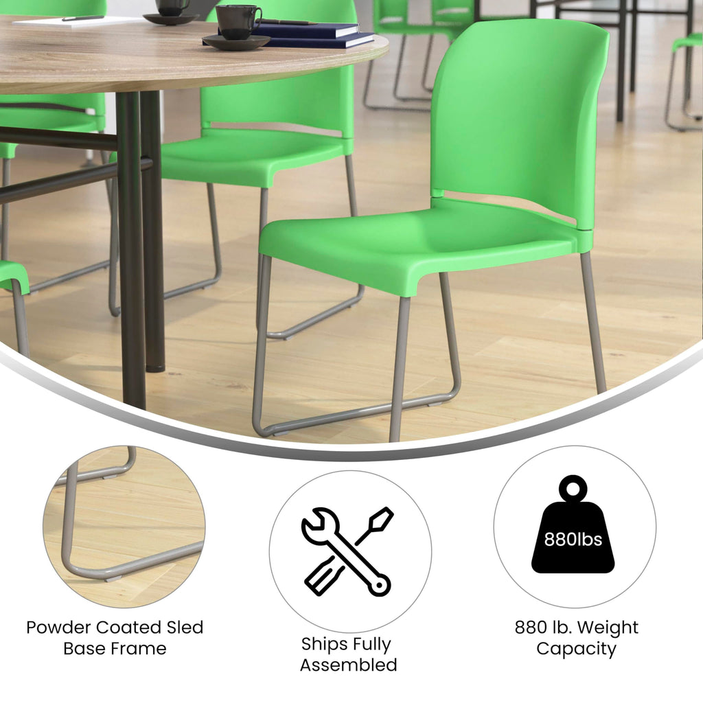 Flash Furniture Hercules Series 880 lb. Capacity Green Full Back Contoured Stack Chair with Gray Powder Coated Sled Base