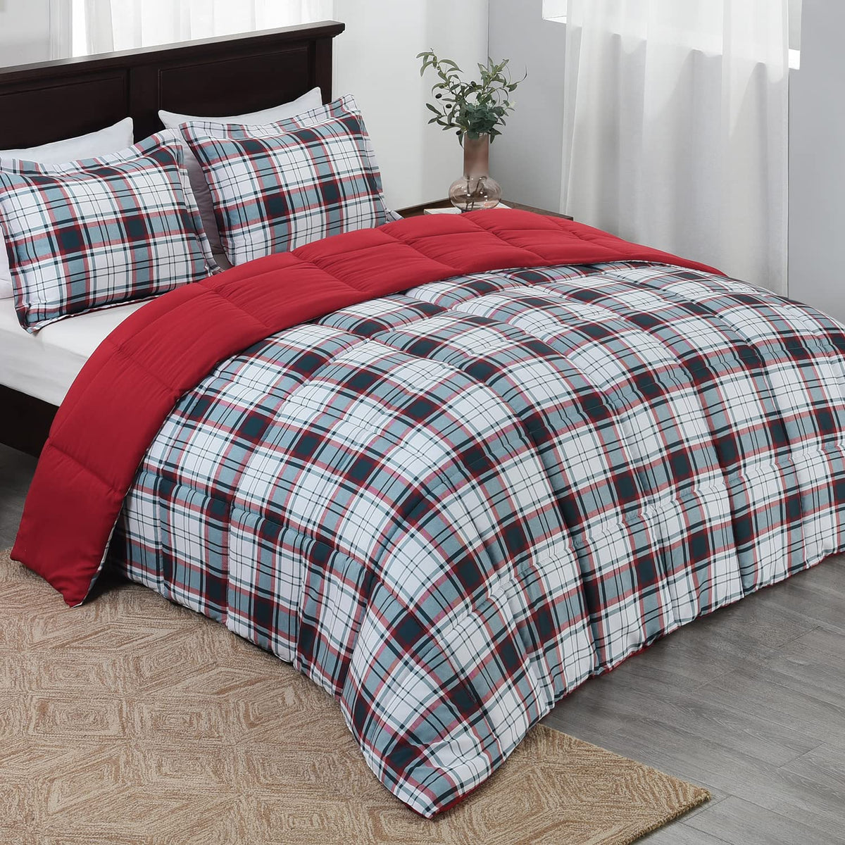 Basic Beyond King Size Comforter Set - Black And Red Striped Comforter Set King Size,Lightweight Down Alternative Bed Comforter