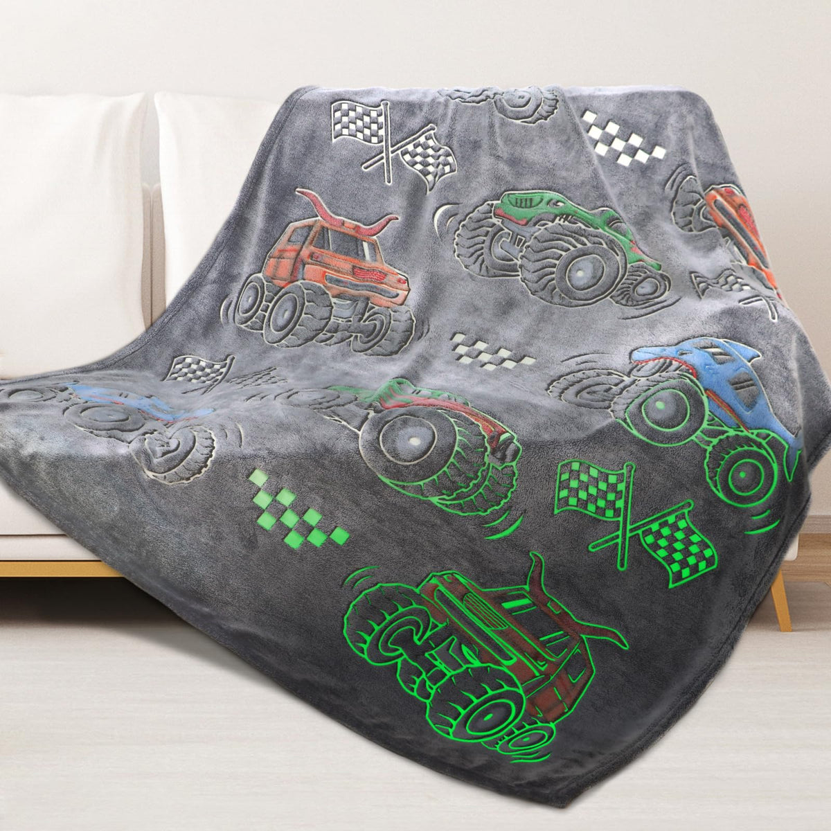 Glow In The Dark Blanket For Boys Truck Car Toys Unique Gifts For Kids Glowing Cartoon Tractor Throw Blanket Soft Fleece Blanket