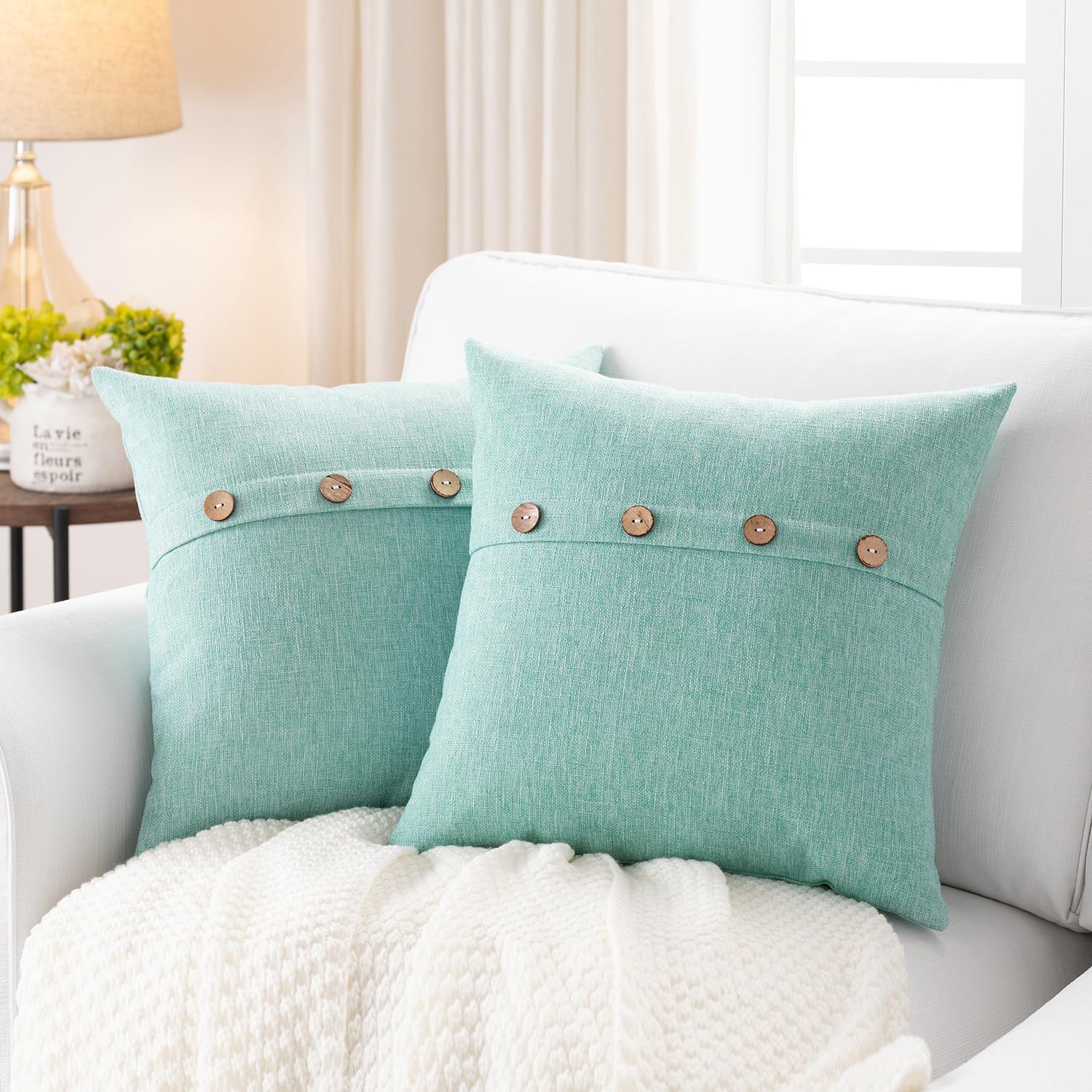 Meekio Set Of 2 Aqua Square Pillow Covers 22 X 22 Farmhouse Boho Pillow Covers With Coconut Buttons For Sofa Couch Living Room B