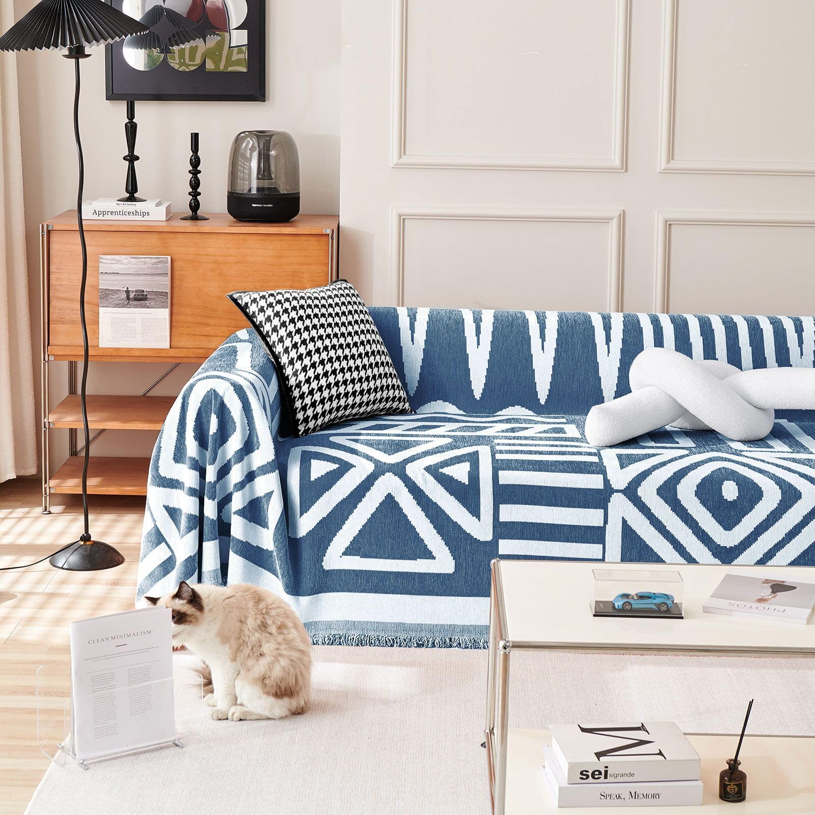 Handontime Boho Couch Covers For Sofa Chenille Sofa Covers Denim Blue Sofa Cover Blanket Sectional Sofa Cover Geometric Reversib