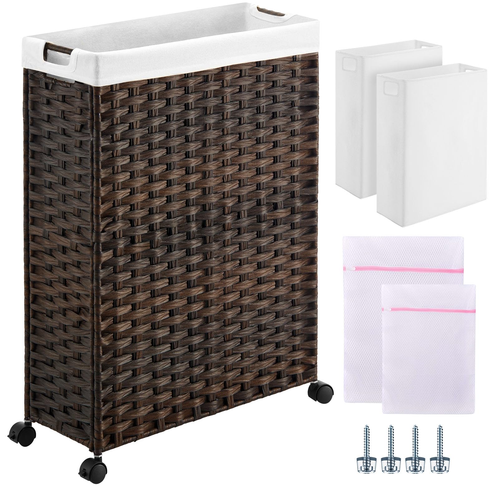 Greenstell Laundry Hamper with Wheels, 17.4 Gallon (66L) Slim Laundry Basket with 2 Removable Liner Bags & 2 Mesh Bags, Narrow R
