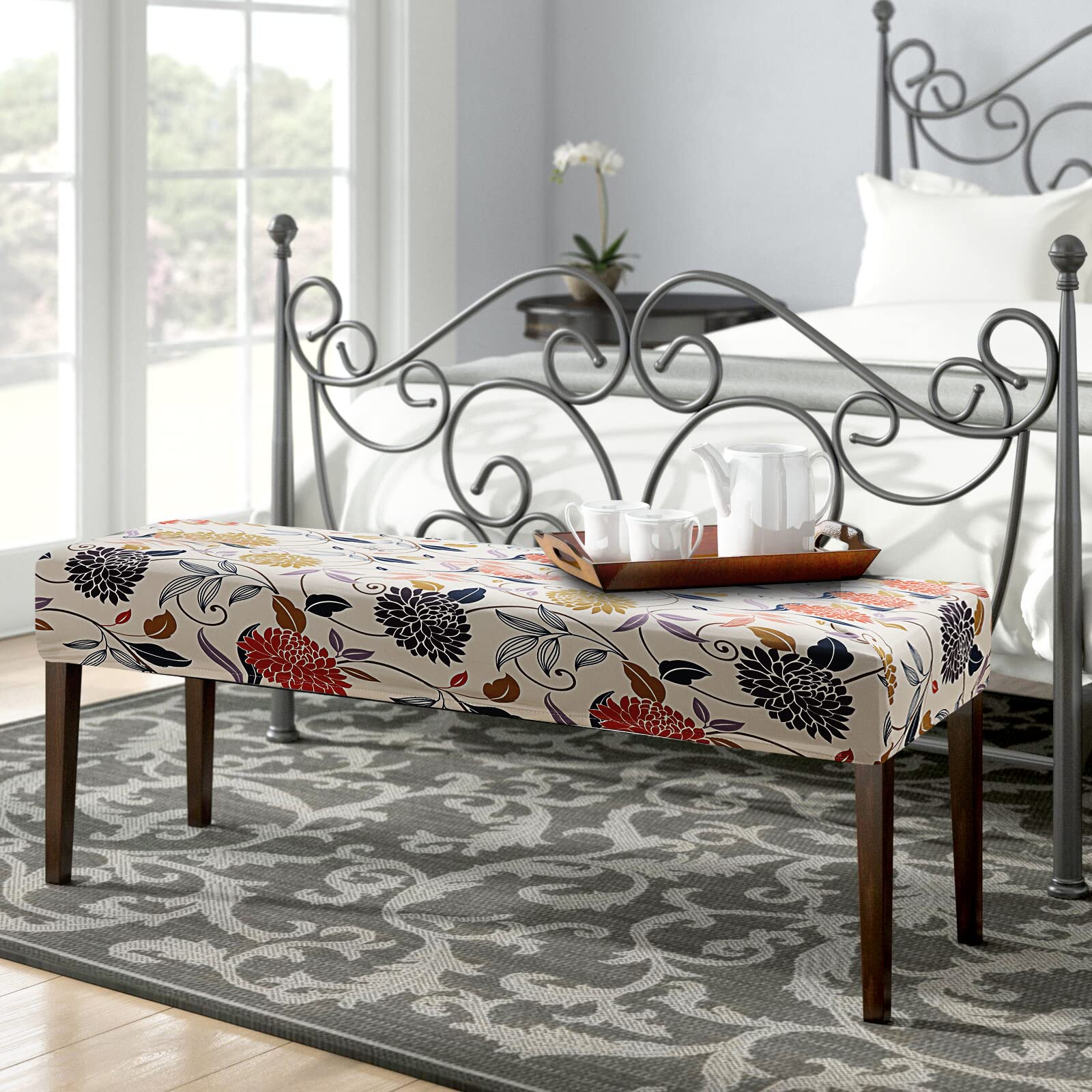 Fuloon Stretch Dining Bench Cover, Anti-Dust Removable Bench Slipcover Washable Print Bench Seat Protector Cover For Living Room, Bedroom, Kitchen (Flower Apricot)