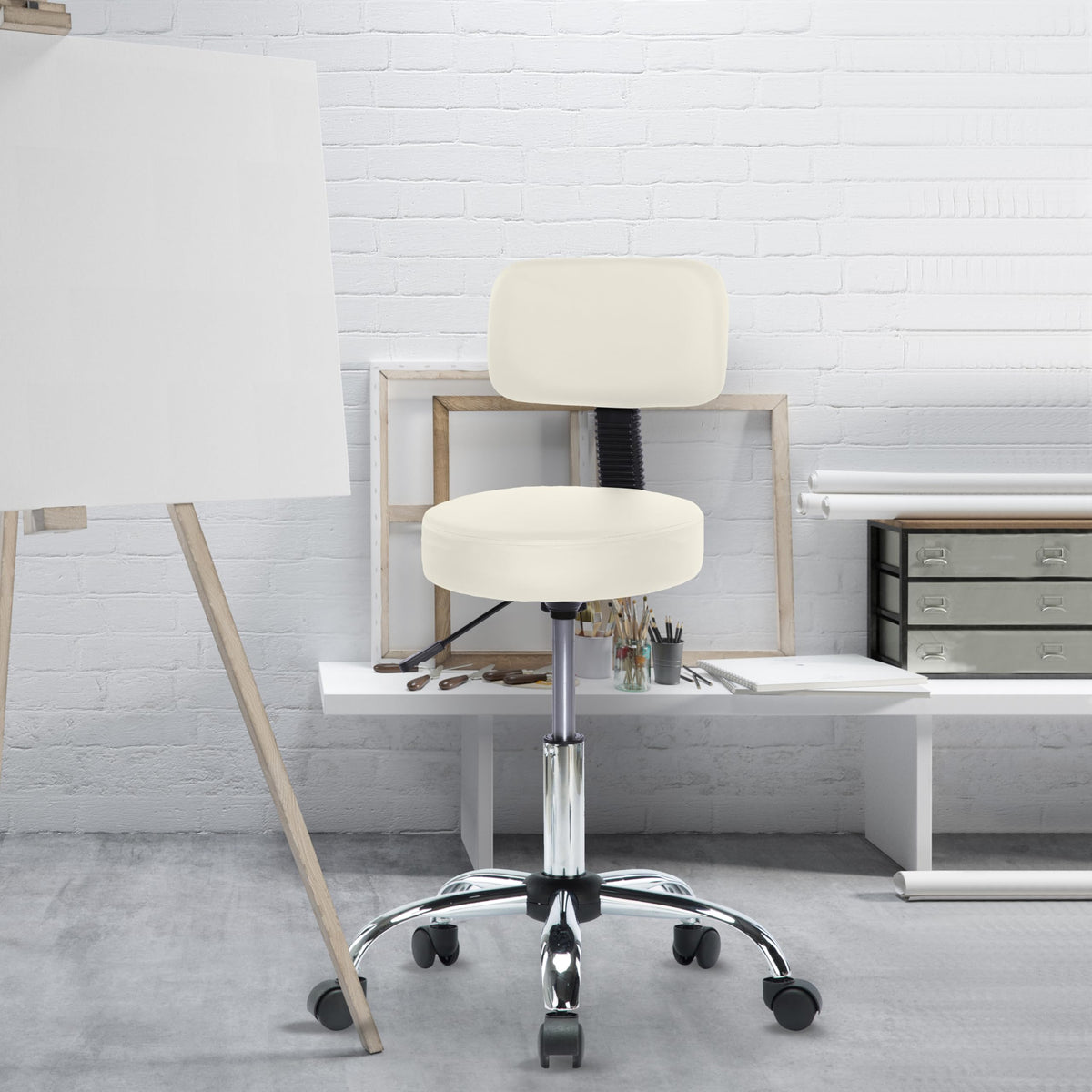 Drafting Adjustable Stool With Back – Salon Adjustable Height Stool, Adjustable Stool, Stool With Wheels For Comfort And Flexibility –Barstools With Wheels, Massage Chair With Backsupport - Cream