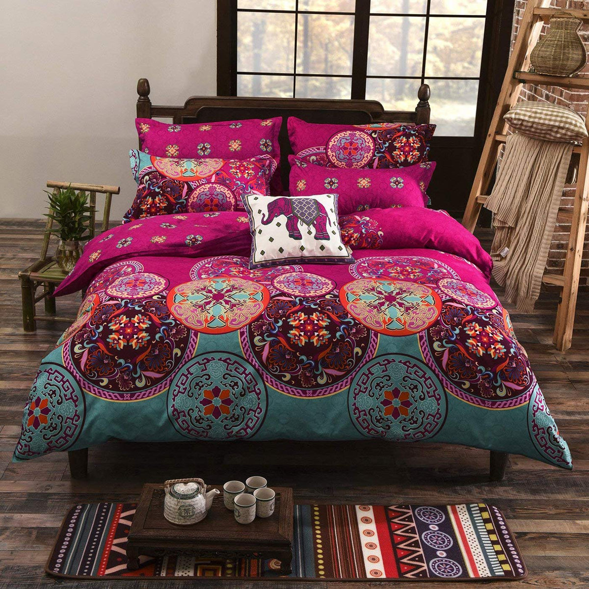 Lamejor Duvet Cover Set Queen Size Bohemia Exotic Mandala Pattern, 3-Piece Soft Bedding Set Comforter Cover, 1 Duvet Cover+2 Pil