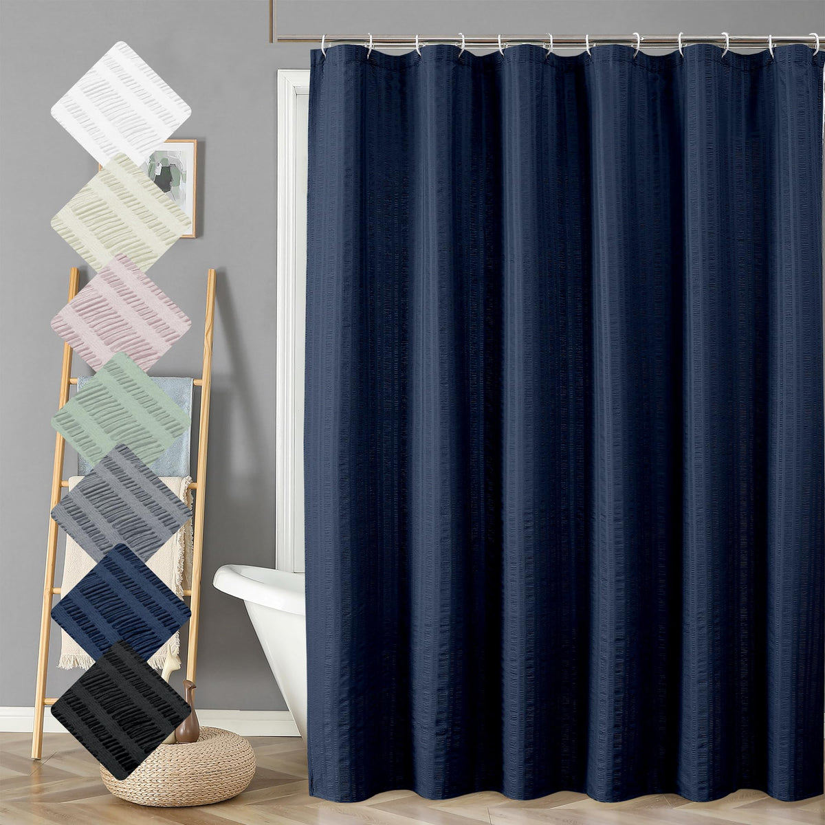 Aiyufeng Moga Navy Blue Shower Curtain 84 Inches Long, 3D Embossed Textured Fabric Shower Curtain For Bathroom - Soft Cloth & Ho