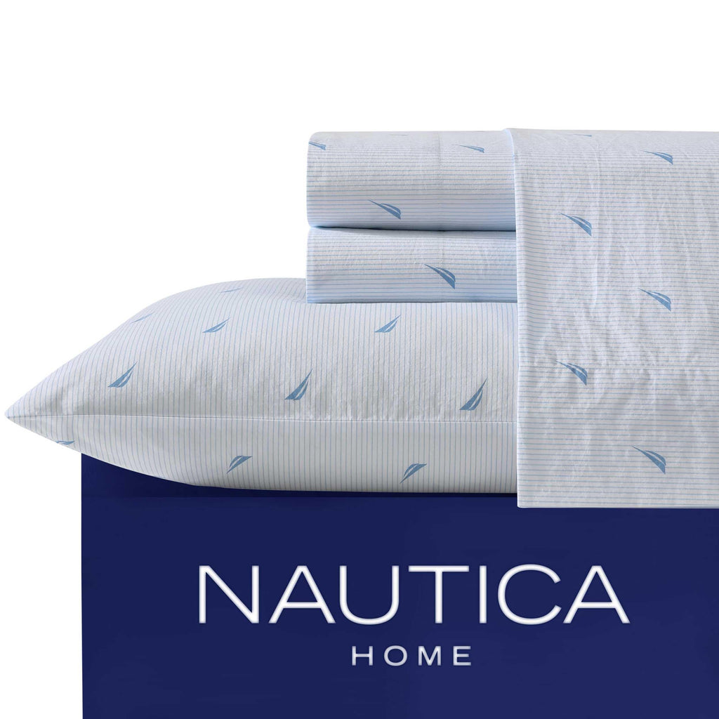 Nautica - Twin Xl Sheets, Cotton Percale Bedding Set, Crisp & Cool, Lightweight & Breathable (Boat Stripe Pale Blue, Twin Xl)