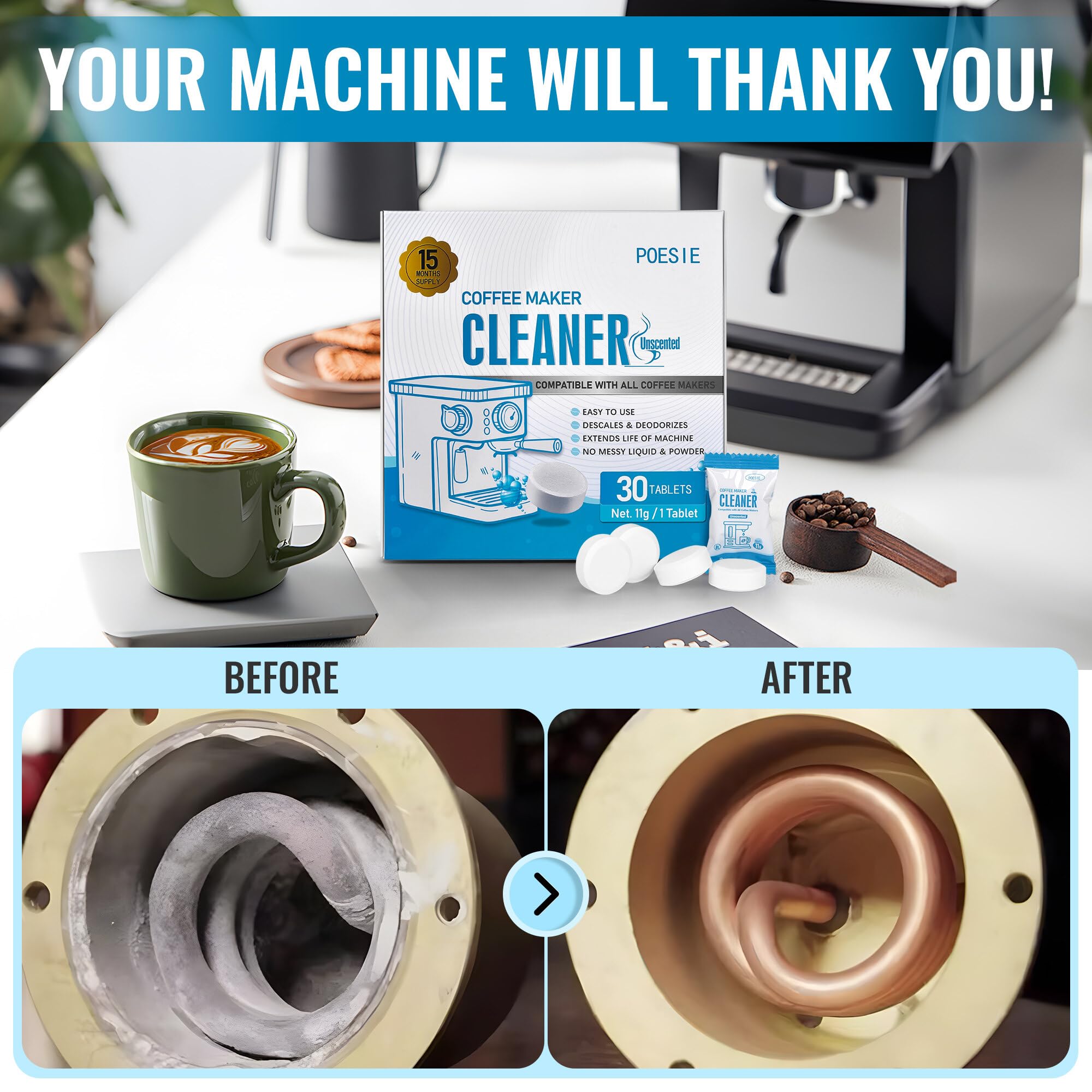 Poesie 30 Count Coffee Machine Cleaning Tablets, Coffee Maker Cleaner And Descaler For All Coffee Machine