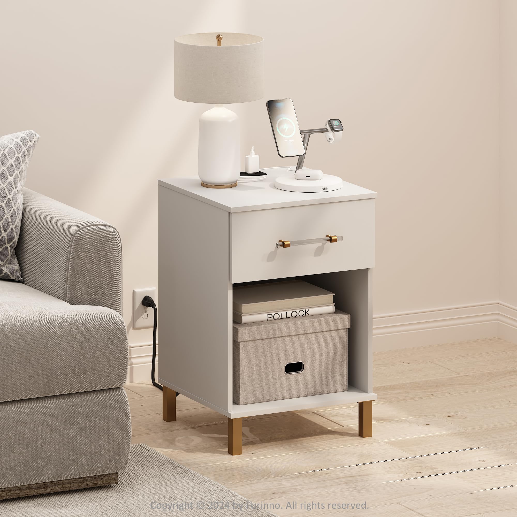 Furinno Tidur End Table, Side Table with USB and Type-C Charging Station, White