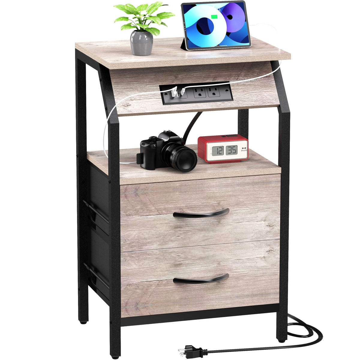 Szlhanjz Storage End Table, Charging Nightstand With 2 Drawers, Small Fabric Dresser For Bedside, Wood And Metal Side Table For Living Room, Dorm, Grey Oak