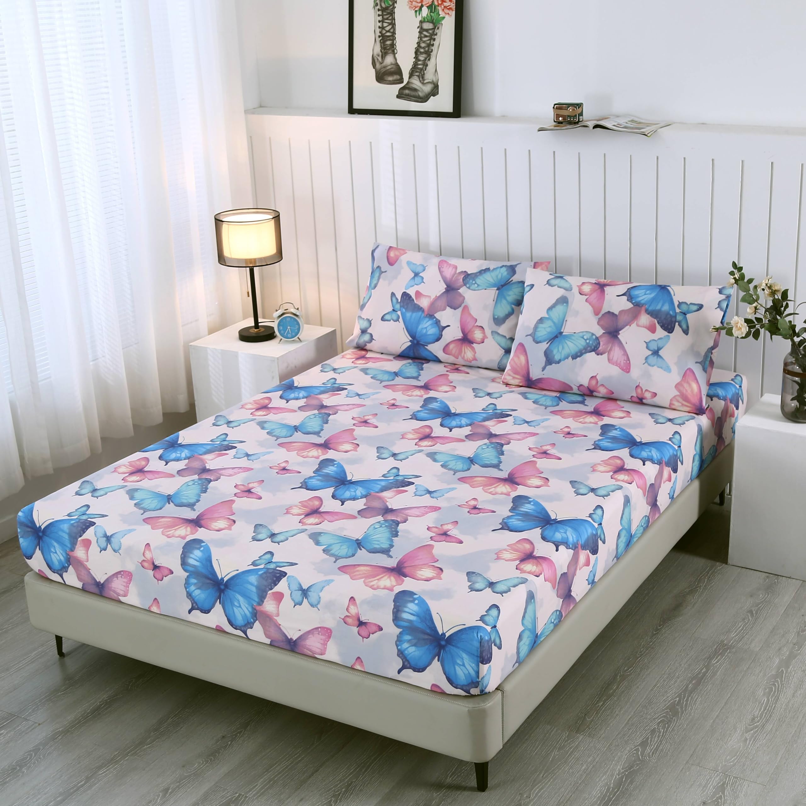 Sdiii 3Pcs Colorful Butterfly Twin Fitted Sheet Set, 1 Fitted Sheet And 2 Pillowcases, Bed In A Bag Kawaii Bedding Sheet Twin, C
