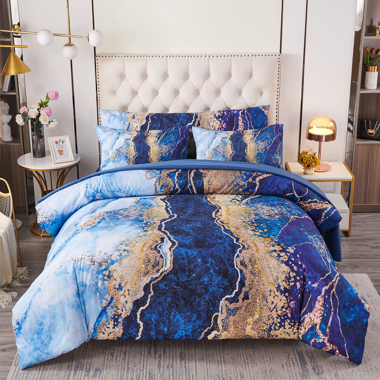 Perfemet 6-Piece California King Blue Comforter Set Watercolor Marble Printed Bed In A Bag Coloful Artwork Design Bed Set With C