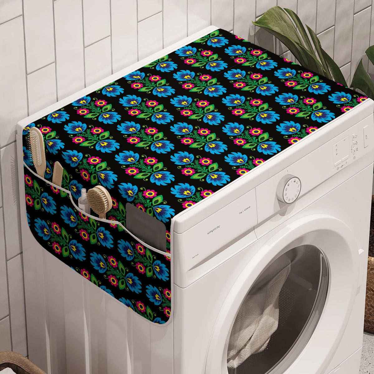 Ambesonne Folk Art Washing Machine Organizer Pack Of 2, Culture Themed Traditional Polish Flower Ornamental Motif On Dark Backgr